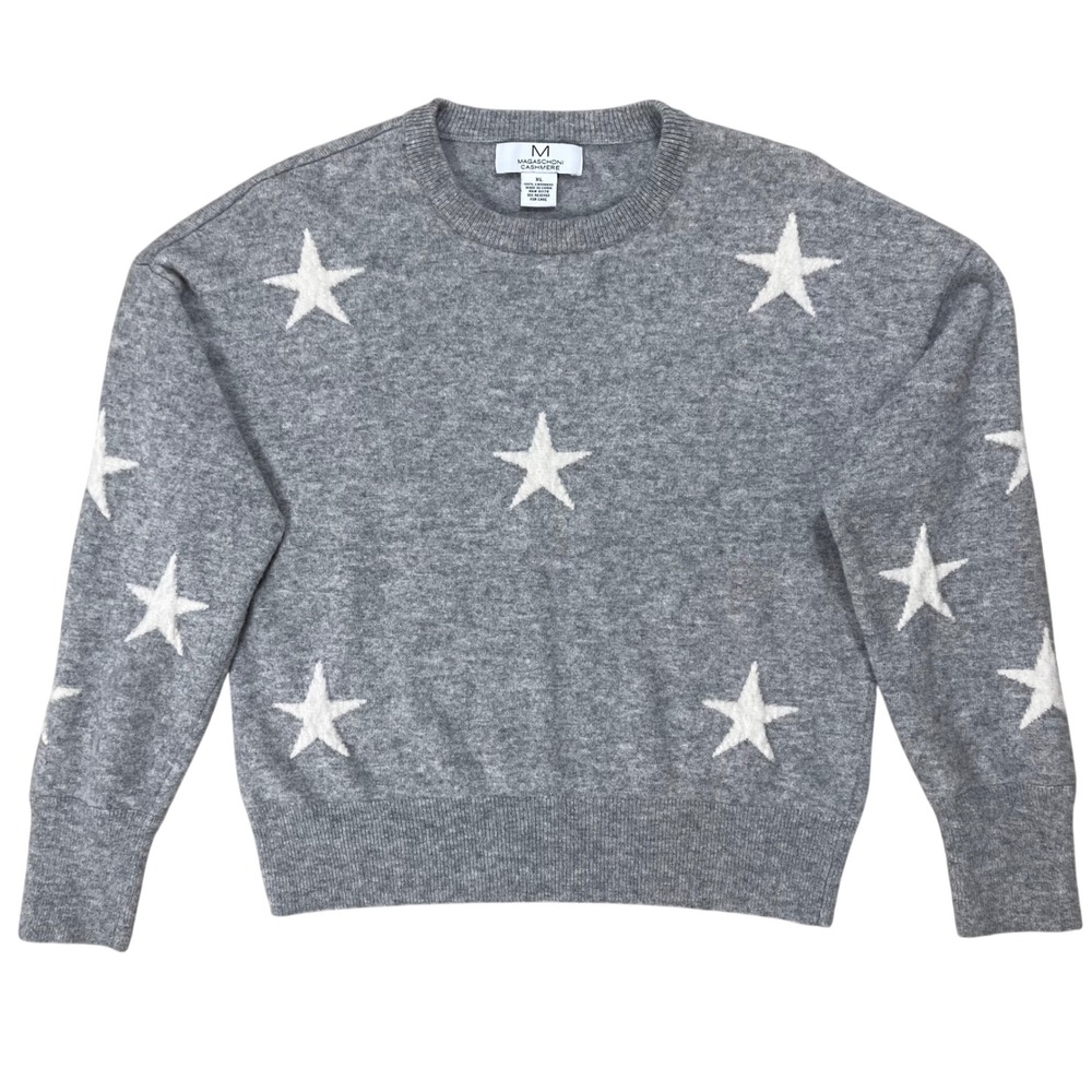 XL Magaschoni 100% Cashmere Star Print Sweater Gray Womens Crewneck Coquette